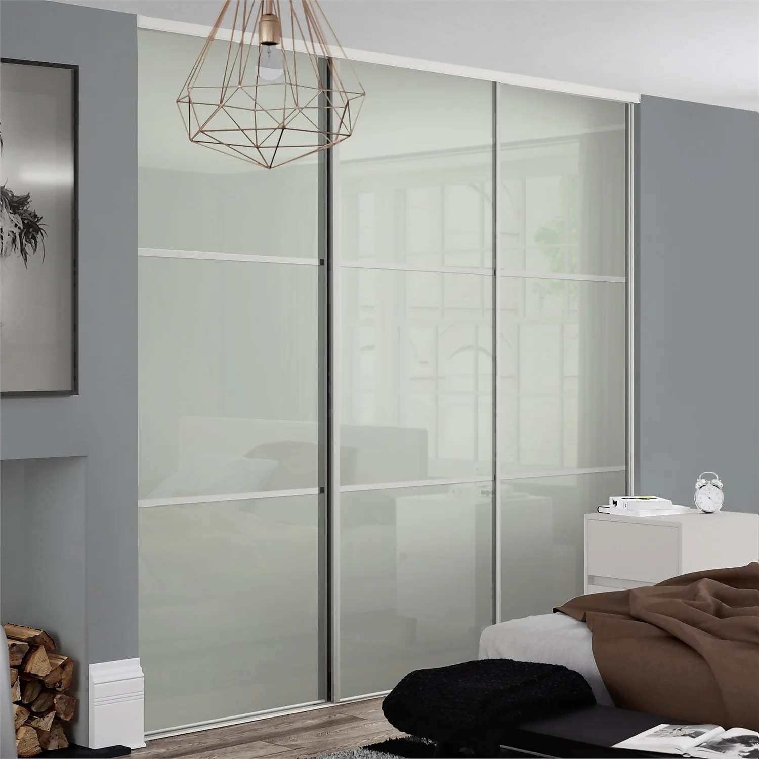 Linear Sliding Wardrobe Door 3 Panel Arctic White Glass With White Frame (W)610mm 4 Linear Sliding Wardrobe Door 3 Panel Arctic White Glass With White Frame (W)610mm - Image 2