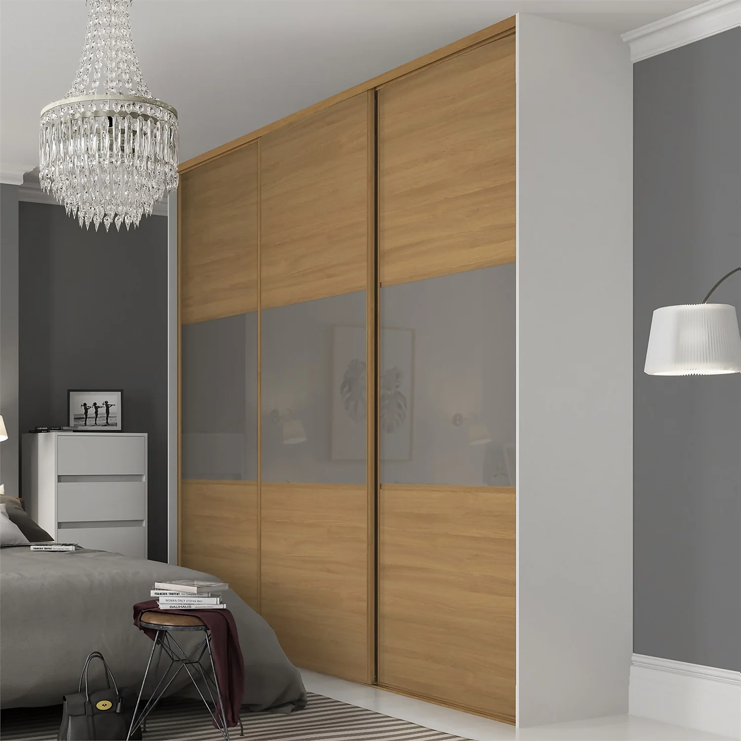Linear Sliding Wardrobe Door 3 Panel Oak / Cappuccino Glass With Oak Frame (W)610mm 4 Linear Sliding Wardrobe Door 3 Panel Oak / Cappuccino Glass With Oak Frame (W)610mm - Image 2