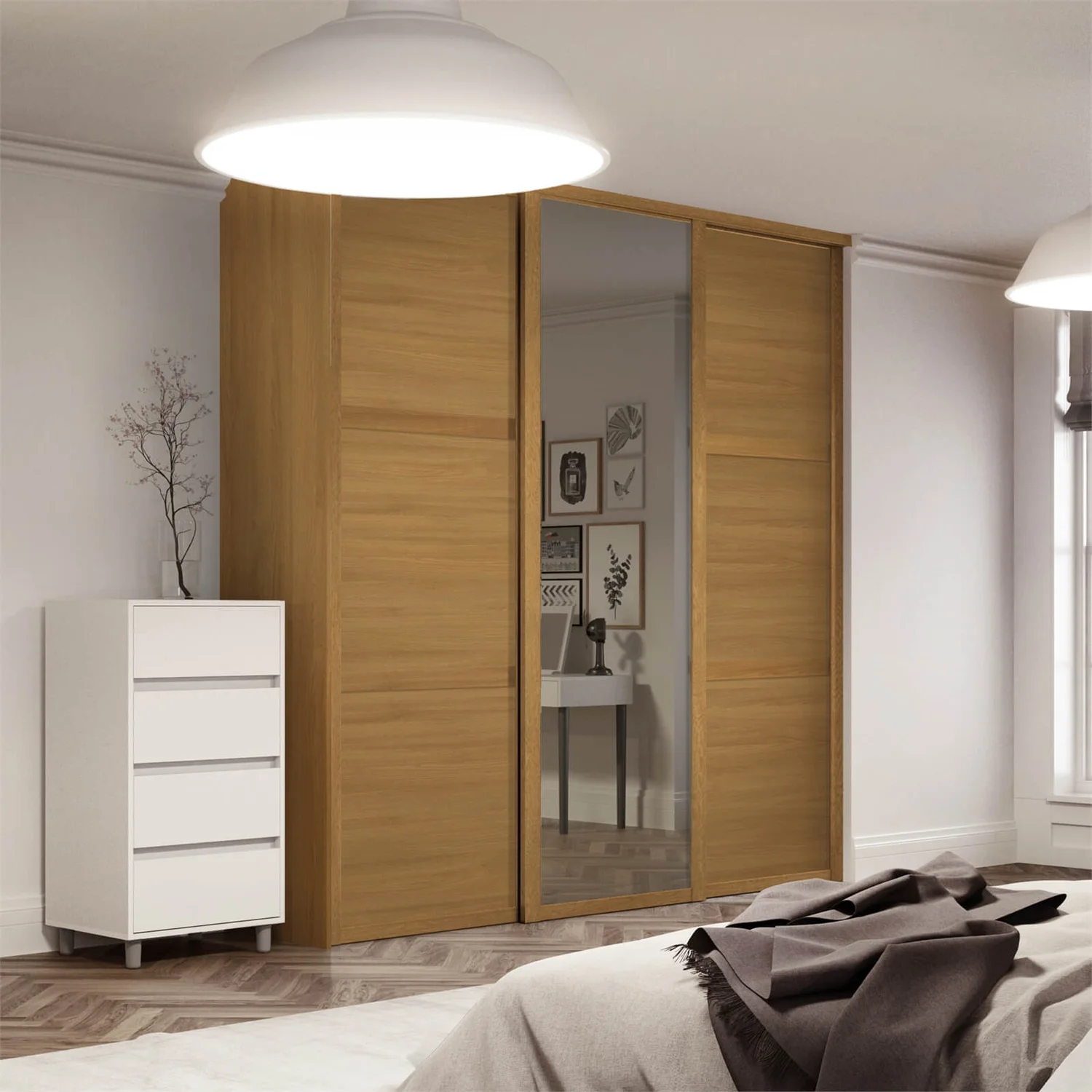 Shaker 3 Door Sliding Wardrobe Kit Oak Panel / Mirror With Oak Frame (W)2136 X (H)2260mm 4 Shaker 3 Door Sliding Wardrobe Kit Oak Panel / Mirror With Oak Frame (W)2136 X (H)2260mm - Image 2