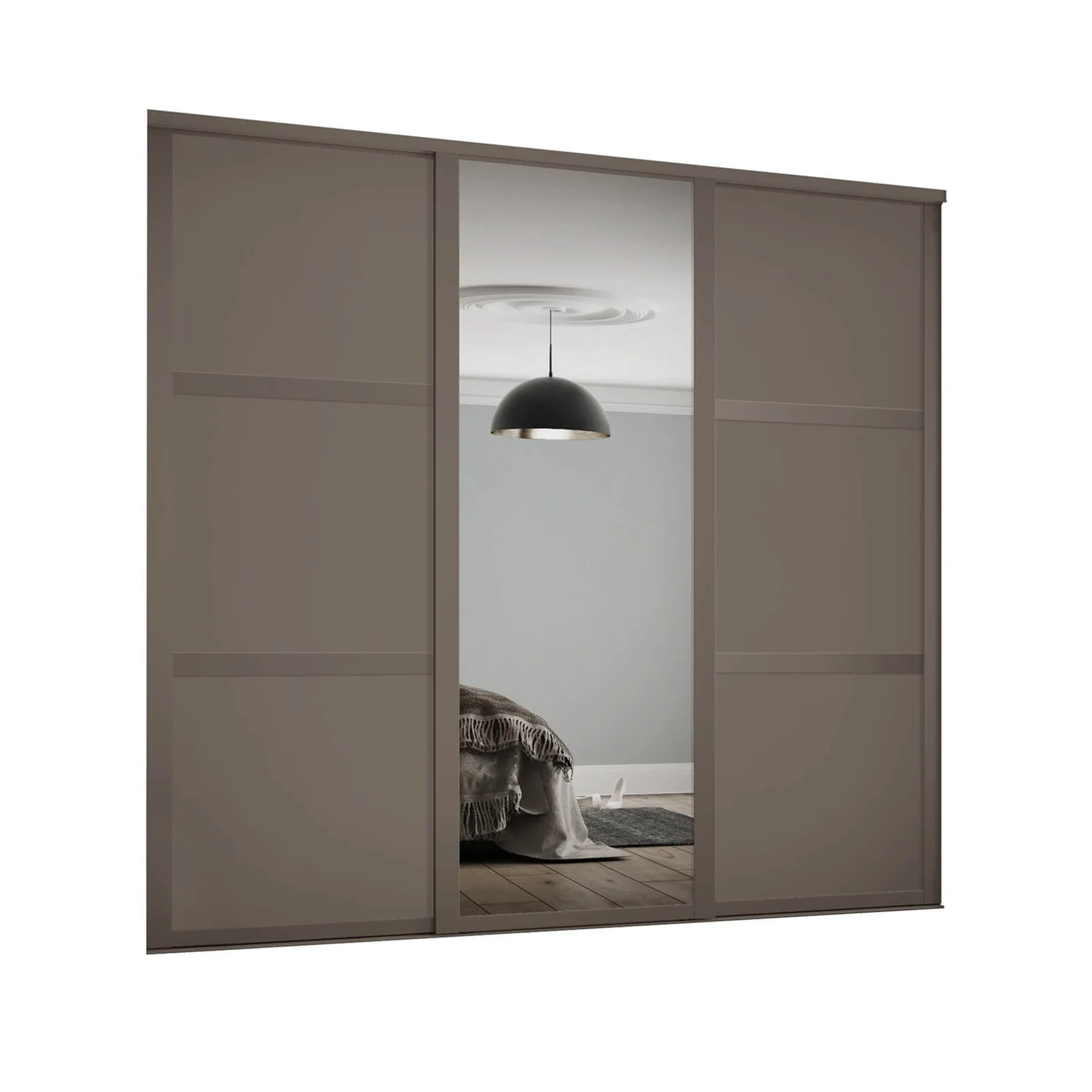 Shaker 3 Door Sliding Wardrobe Kit Stone Grey Panel / Mirror With Stone Grey Frame (W)2592 X (H)2260mm 3 Shaker 3 Door Sliding Wardrobe Kit Stone Grey Panel / Mirror With Stone Grey Frame (W)2592 X (H)2260mm