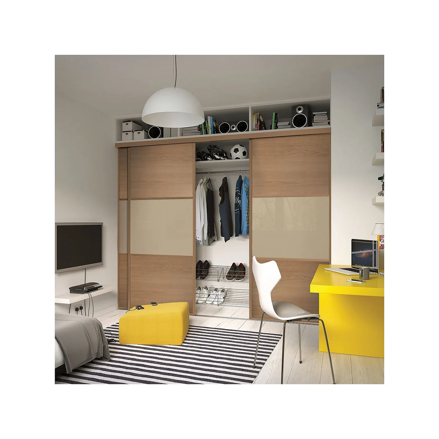 Linear Sliding Wardrobe Door 3 Panel Windsor Oak And Cream Glass With Oak Frame (W)610mm 4 Linear Sliding Wardrobe Door 3 Panel Windsor Oak And Cream Glass With Oak Frame (W)610mm - Image 2