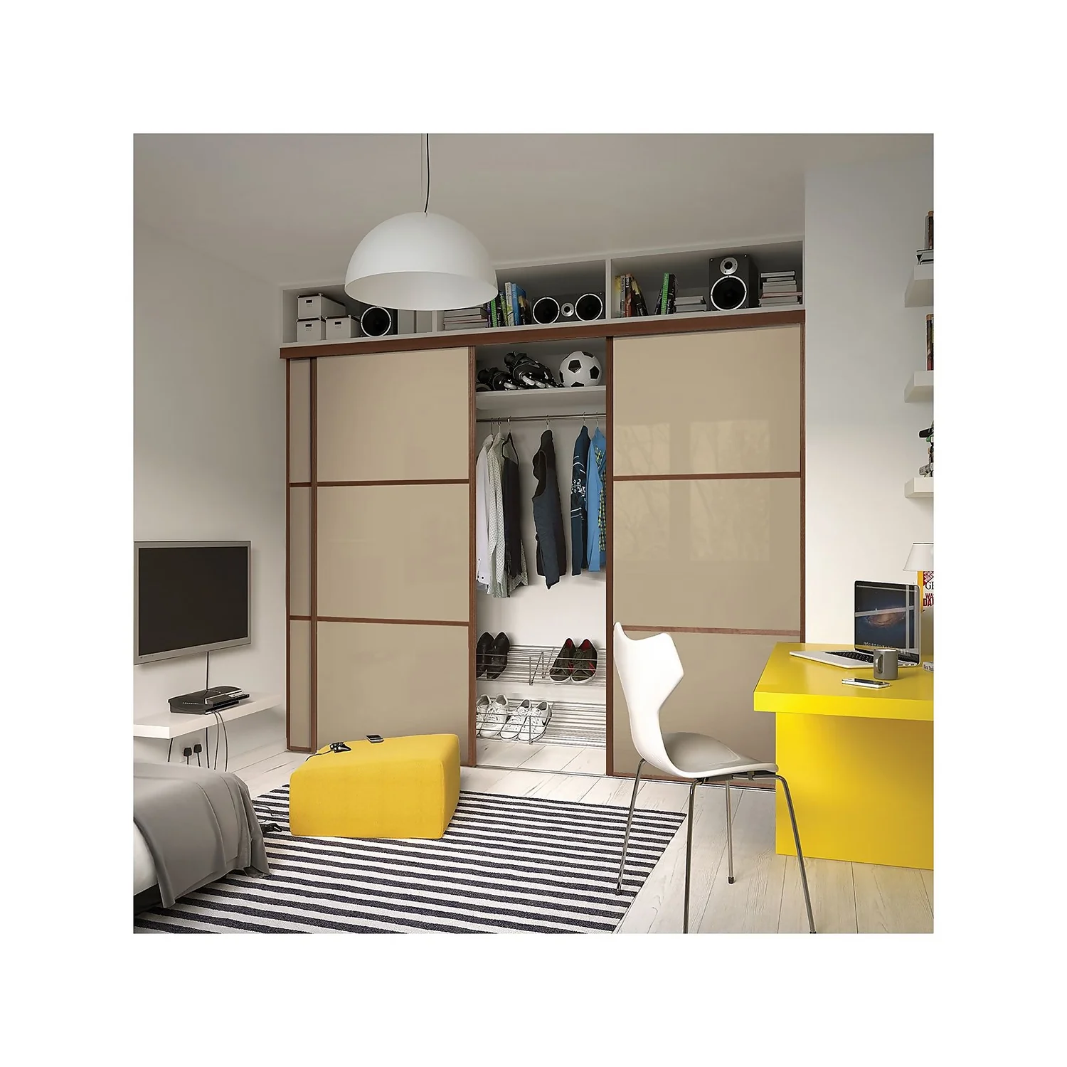 Linear Sliding Wardrobe Door 3 Panel Cream Glass With Walnut Frame (W)762mm 4 Linear Sliding Wardrobe Door 3 Panel Cream Glass With Walnut Frame (W)762mm - Image 2