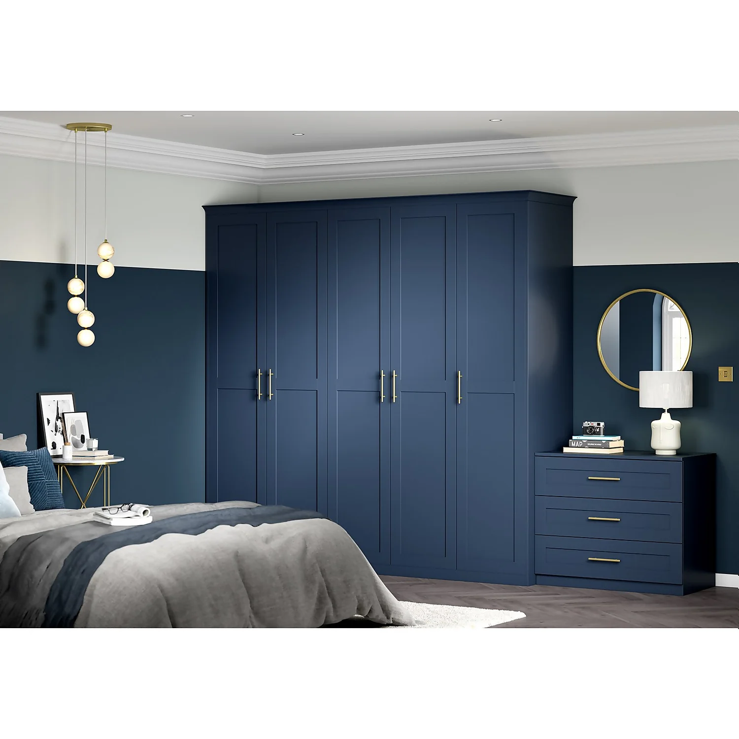House Beautiful Realm Fitted Look Quad Wardrobe, Oak Effect Carcass - Navy Blue Shaker Doors (W) 1901mm X (H) 2256mm 9 House Beautiful Realm Fitted Look Quad Wardrobe, Oak Effect Carcass - Navy Blue Shaker Doors (W) 1901mm X (H) 2256mm - Image 7