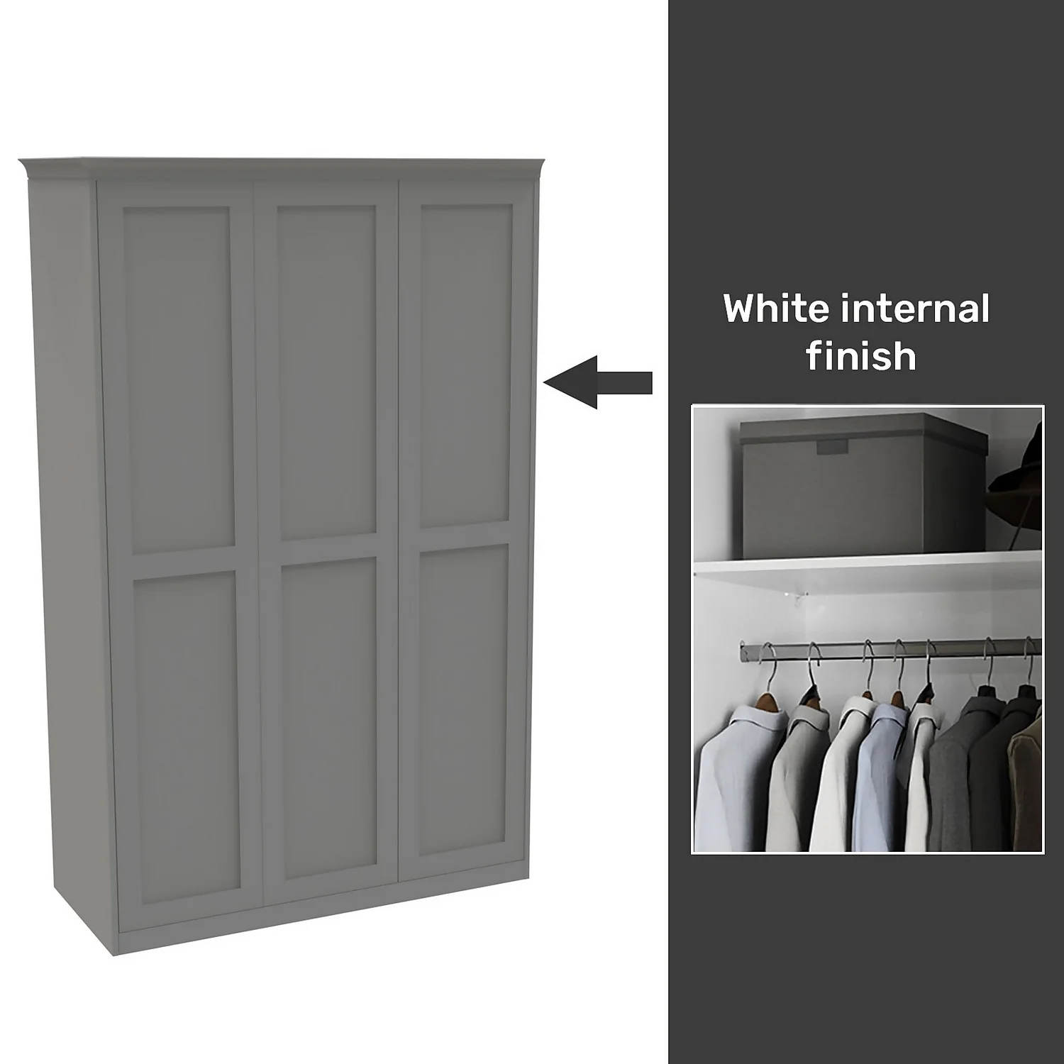 House Beautiful Realm Fitted Look Triple Wardrobe, White Carcass - Grey Shaker Doors (W) 1451mm X (H) 2256mm 3 House Beautiful Realm Fitted Look Triple Wardrobe, White Carcass - Grey Shaker Doors (W) 1451mm X (H) 2256mm