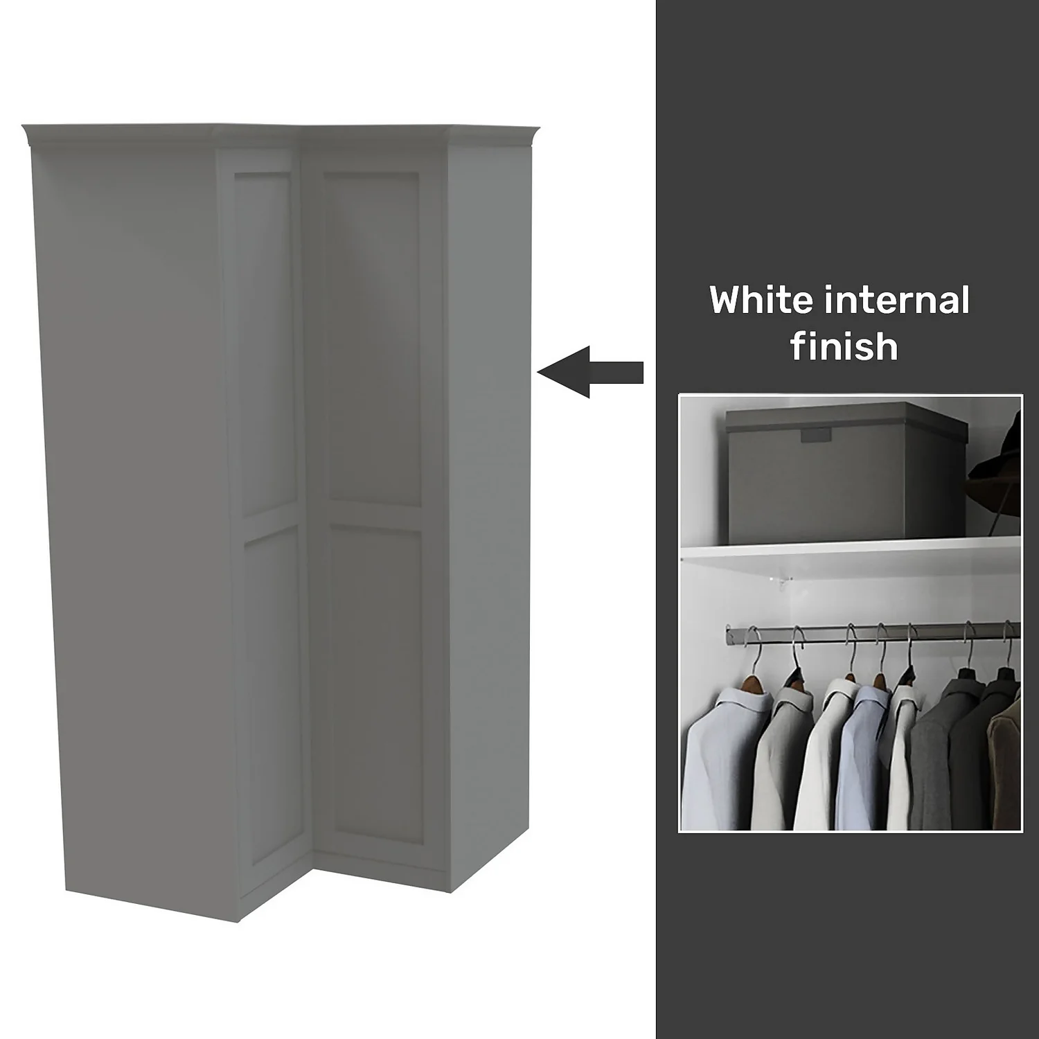 House Beautiful Realm Fitted Look Corner Wardrobe, White Carcass - Grey Shaker Doors (W) 1103mm X (H) 2256mm 3 House Beautiful Realm Fitted Look Corner Wardrobe, White Carcass - Grey Shaker Doors (W) 1103mm X (H) 2256mm