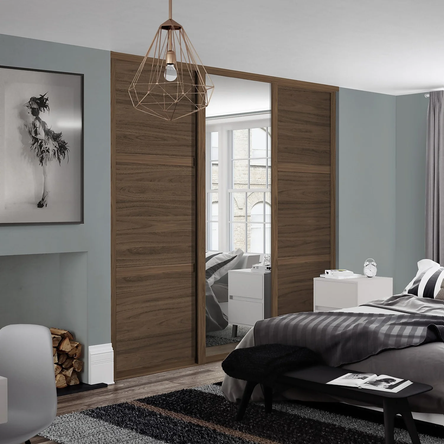 Shaker 3 Door Sliding Wardrobe Kit Walnut Panel / Mirror With Walnut Frame (W)1680 X (H)2260mm 4 Shaker 3 Door Sliding Wardrobe Kit Walnut Panel / Mirror With Walnut Frame (W)1680 X (H)2260mm - Image 2