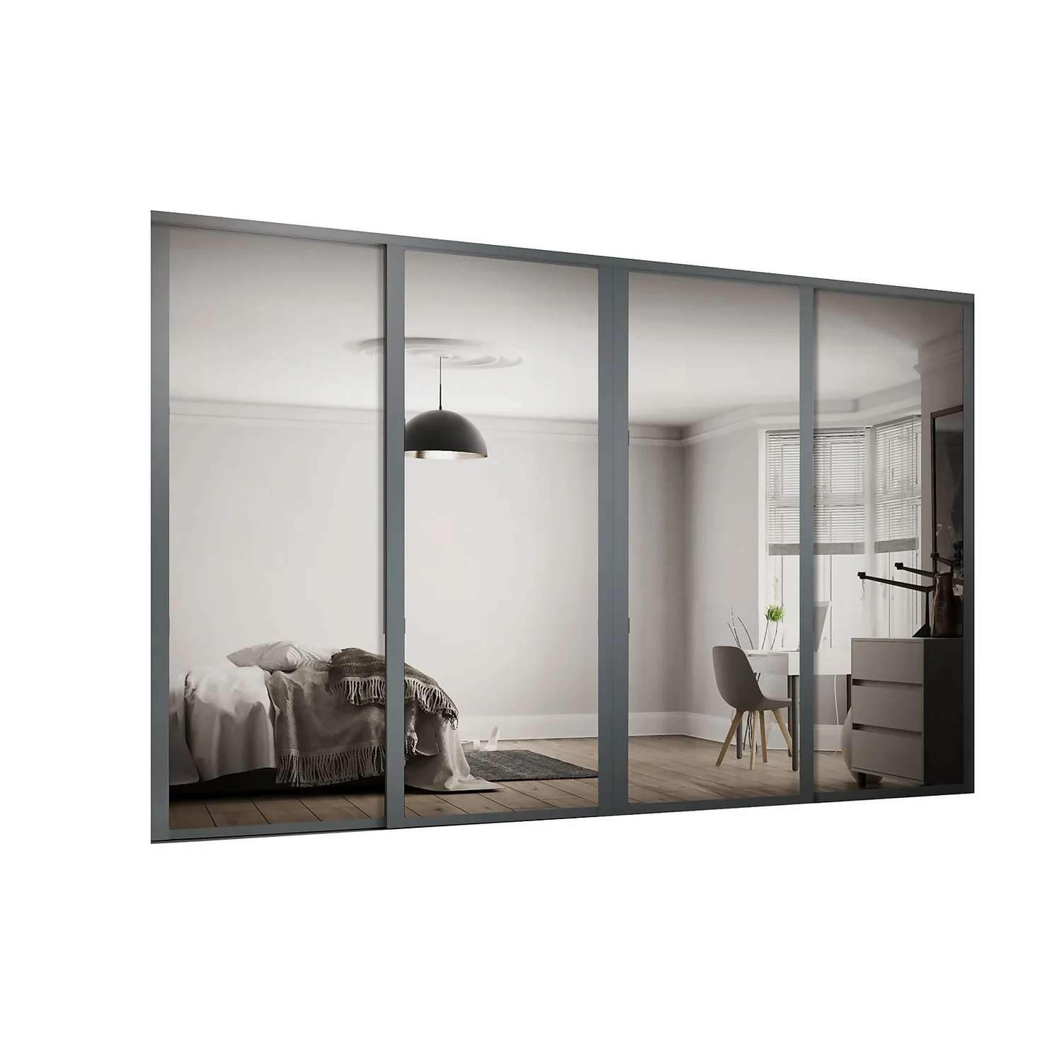 Shaker 4 Door Sliding Wardrobe Kit Mirror With Graphite Frame (W)3506 X (H)2260mm 3 Shaker 4 Door Sliding Wardrobe Kit Mirror With Graphite Frame (W)3506 X (H)2260mm